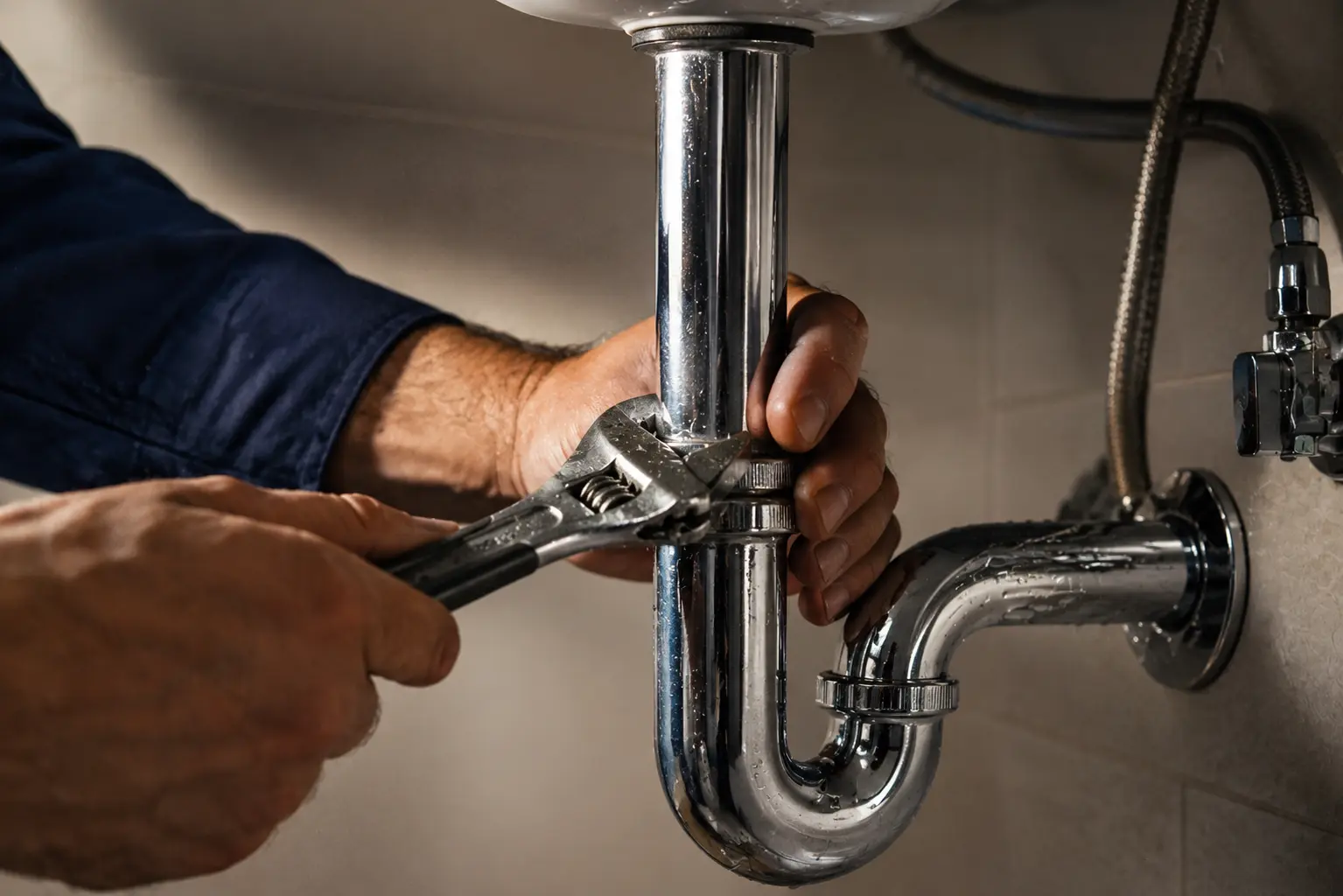 Fontanero ajustando con llave inglesa el sifón de un lavabo