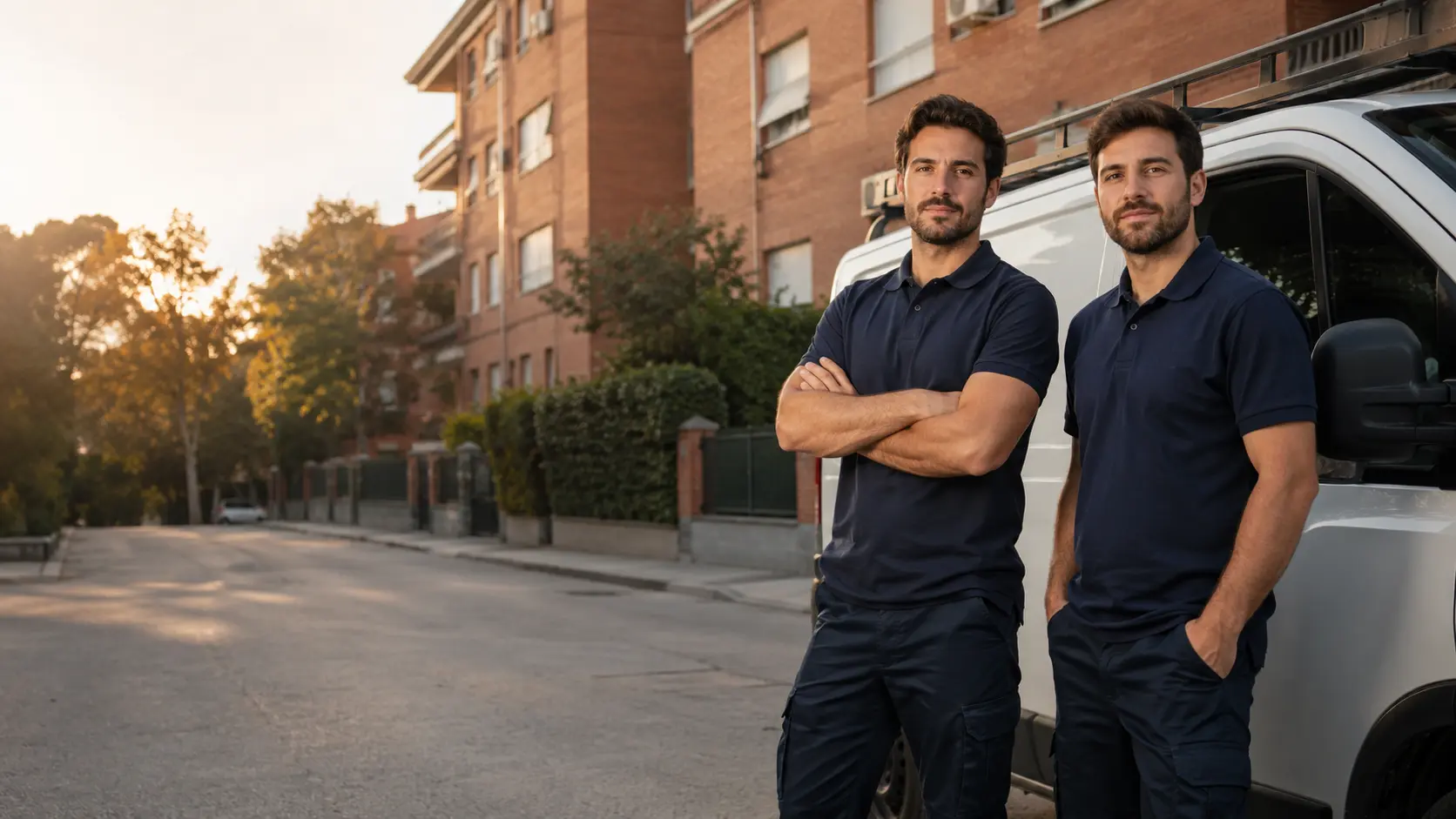 Dos profesionales de PROHOGAR junto a su furgoneta de trabajo frente a un edificio residencial